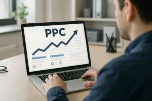 Person analyzing PPC performance on laptop.