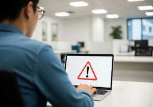 Person using laptop with warning symbol.